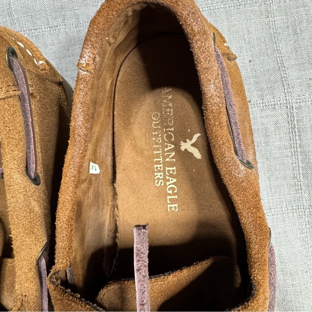 American Eagle Men’s Suede Boat Shoes Brown Leather Lace Moc Toe Loafers Sz 8